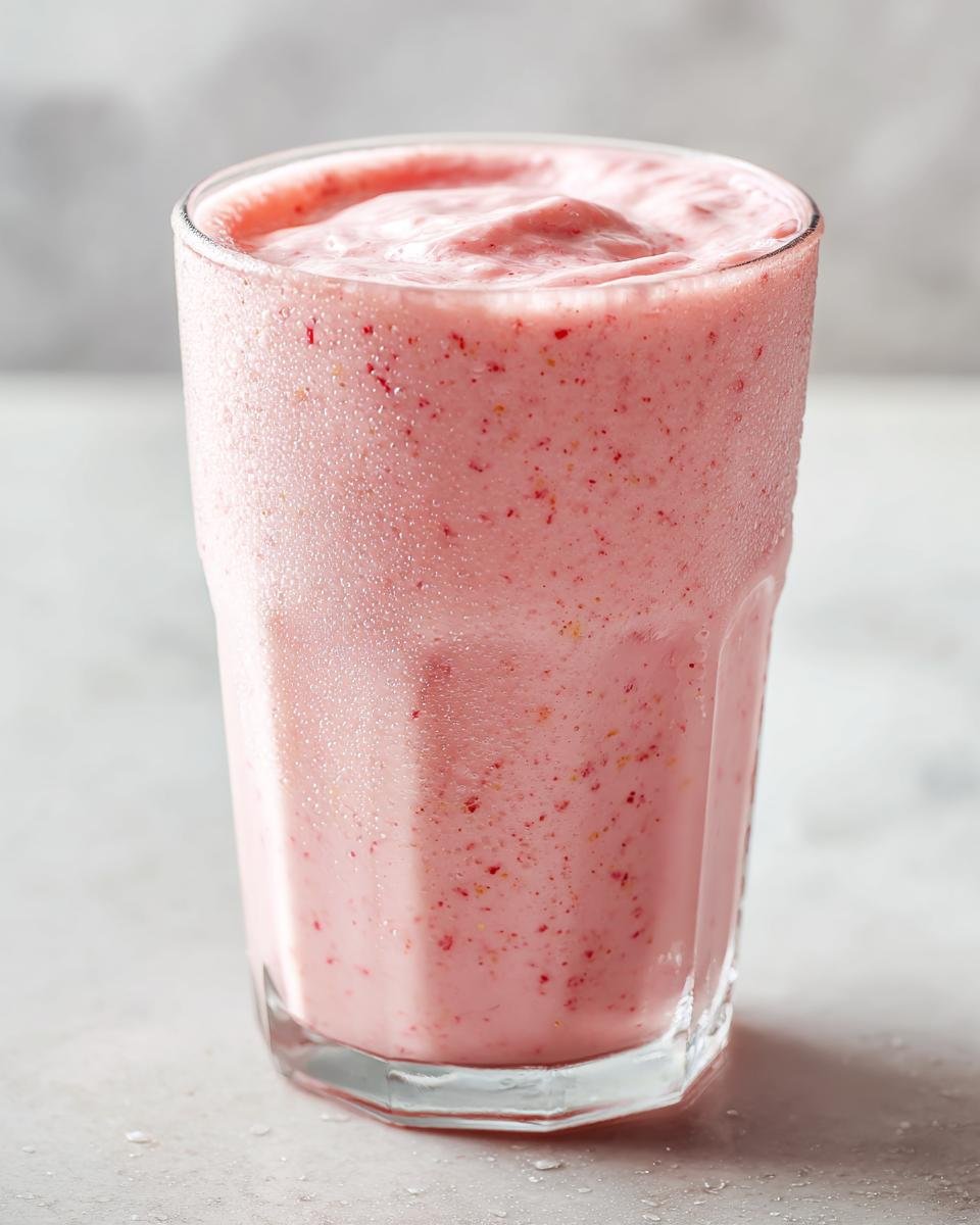 A tall glass filled with a thick, pink Strawberry Cheesecake Milkshake, showing condensation on the glass.