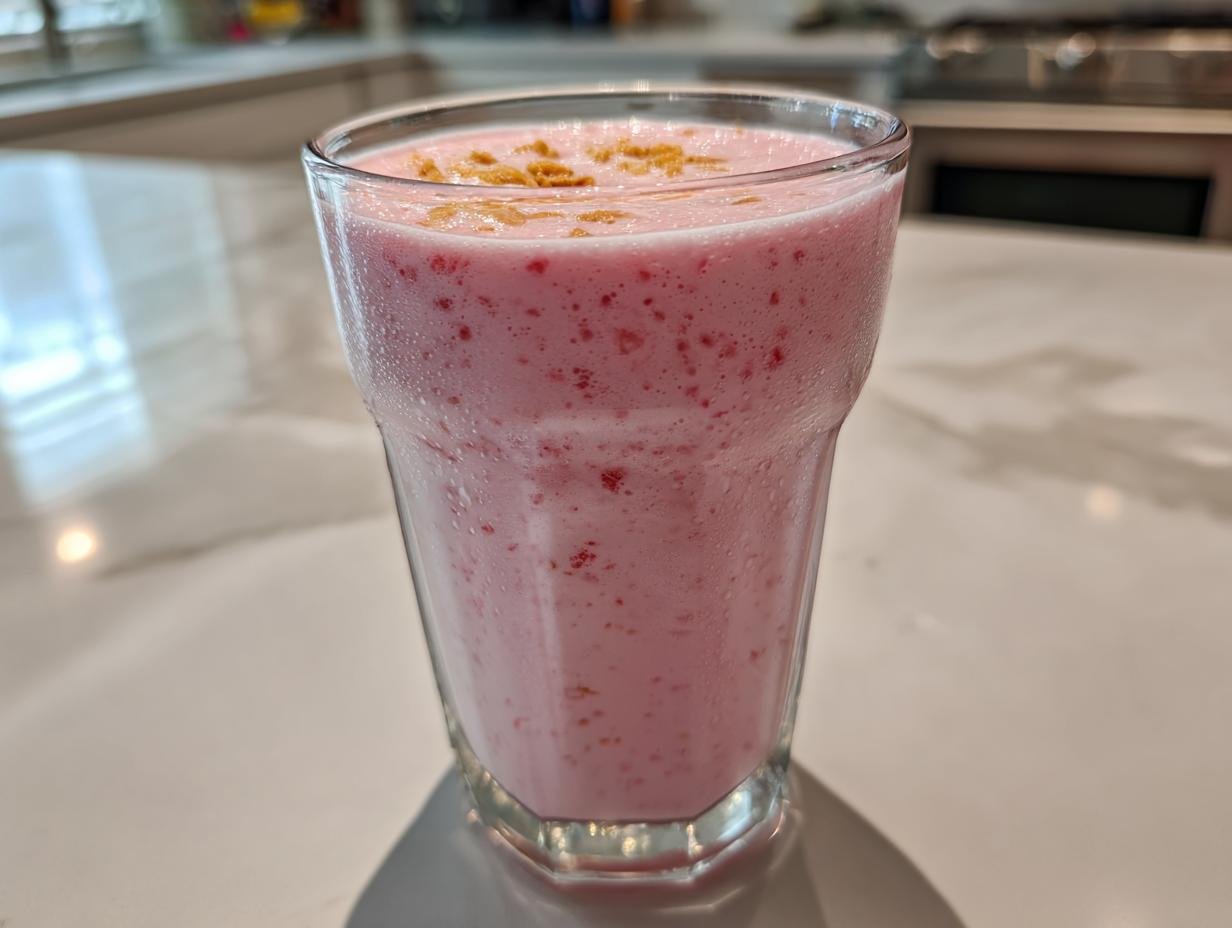 A tall, chilled glass filled with a pink Strawberry Cheesecake Milkshake, topped with crumbs.