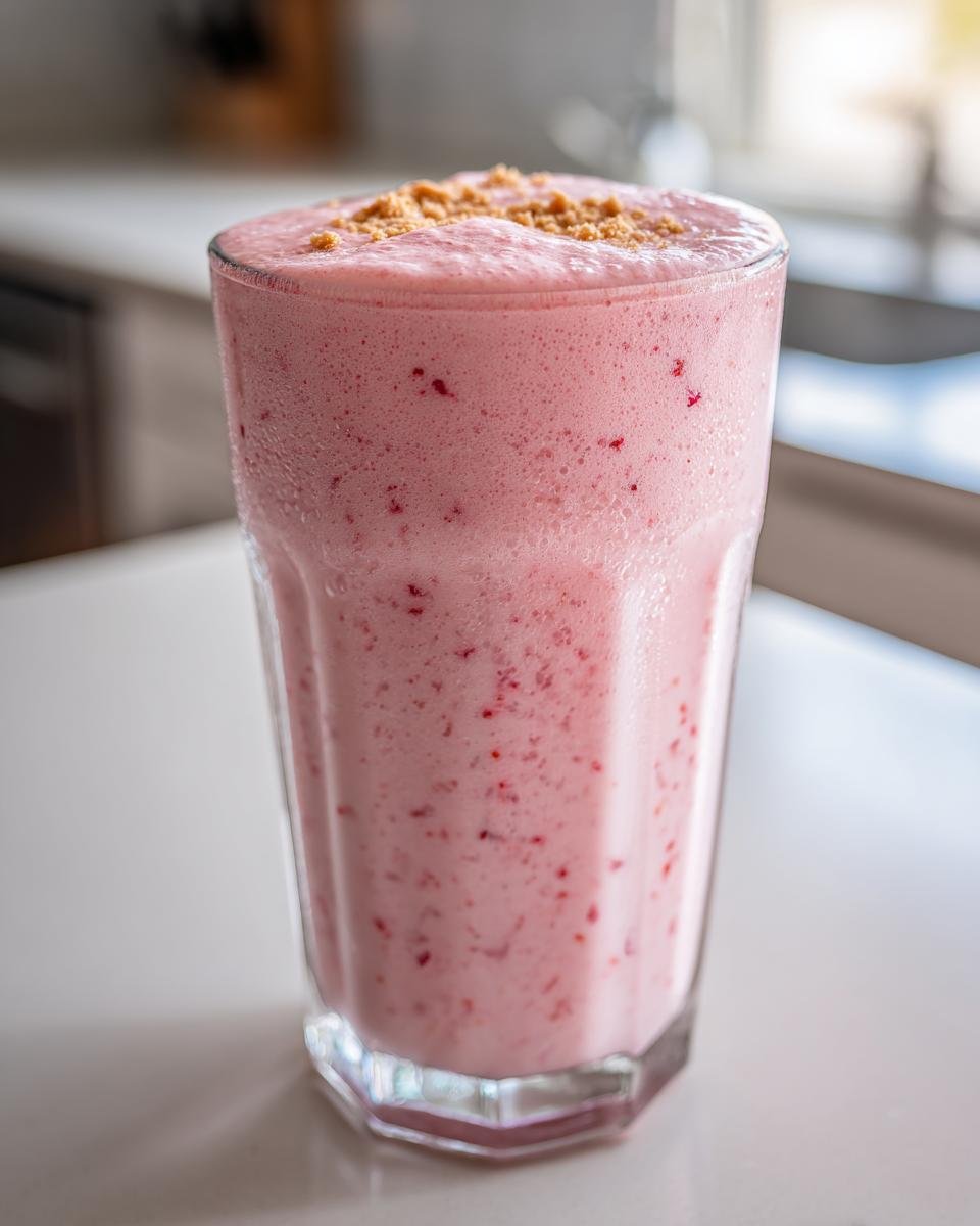 Close-up of a tall glass filled with a thick, pink Strawberry Cheesecake Milkshake topped with graham cracker crumbs.