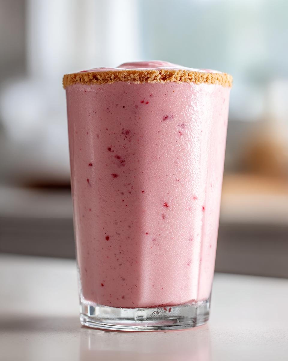 Close-up of a thick, pink Strawberry Cheesecake Milkshake with a graham cracker rim.