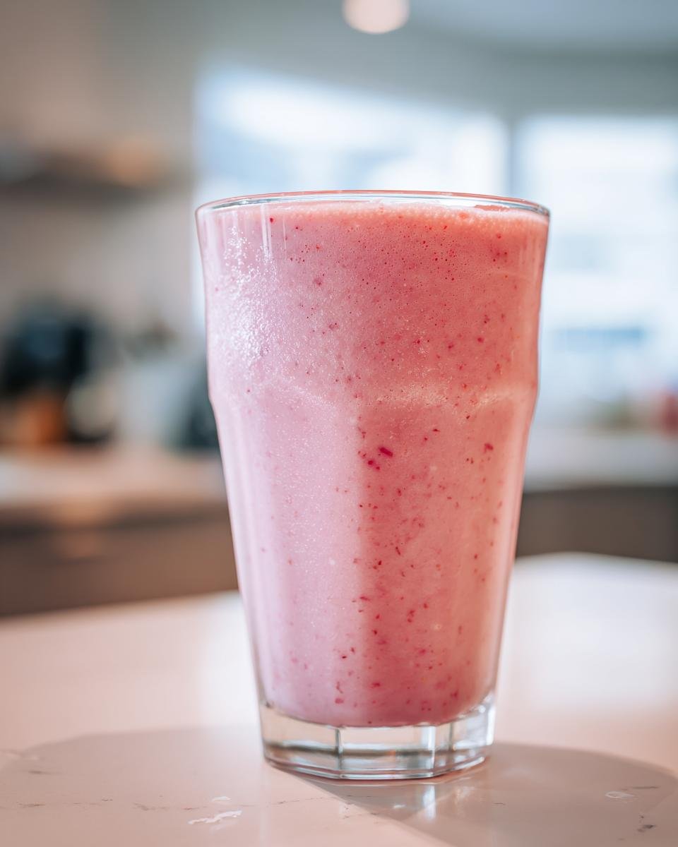 A tall glass filled with a thick, pink Strawberry Cheesecake Milkshake, showing small berry specks.