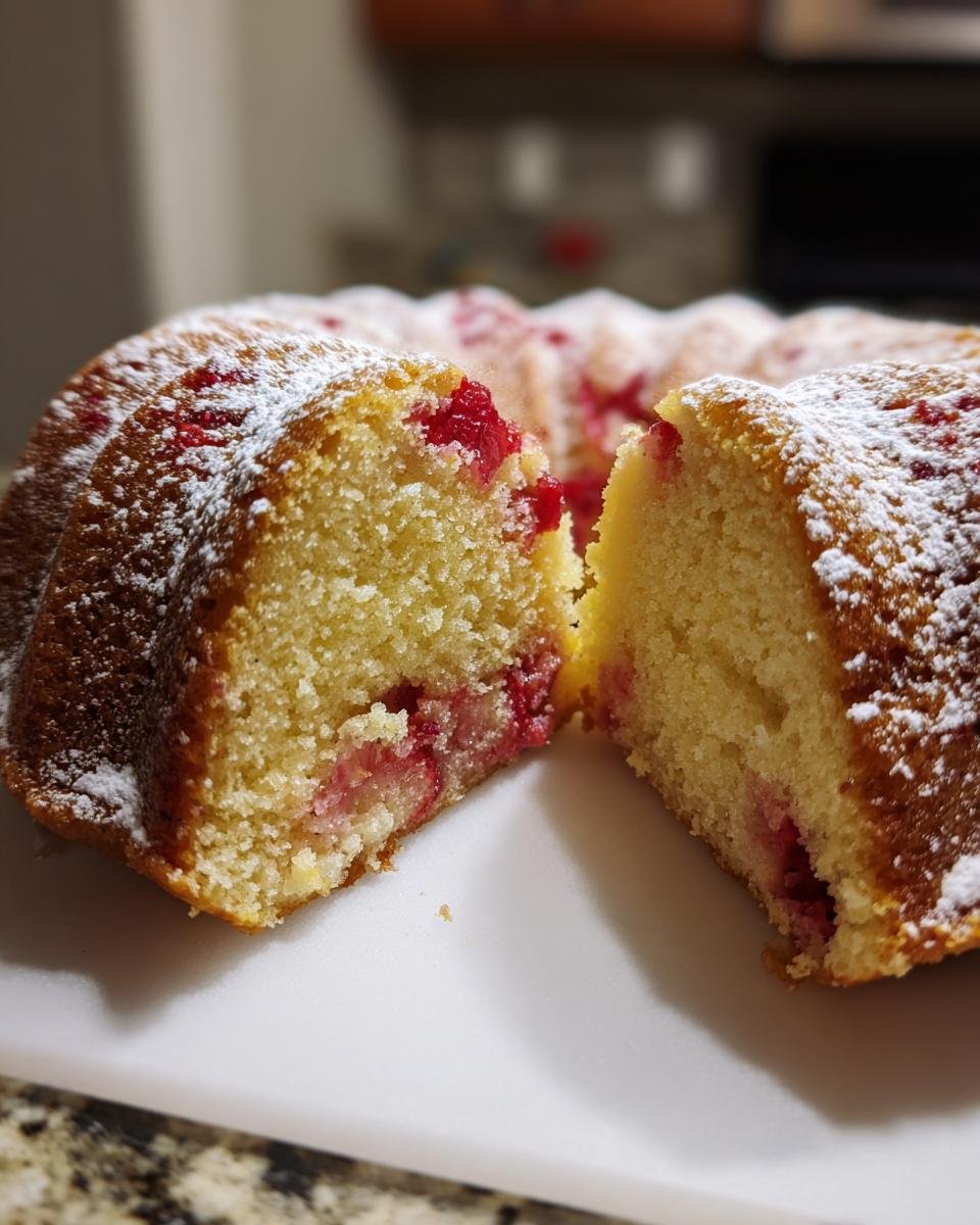 Close-up of a Strawberry Shortcake Bundt Cake cut open, showing moist yellow cake and bright red strawberries, dusted with powdered sugar.