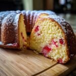 Close-up of a slice cut from a Strawberry Shortcake Bundt Cake, showing moist yellow cake with embedded strawberries and a dusting of powdered sugar.