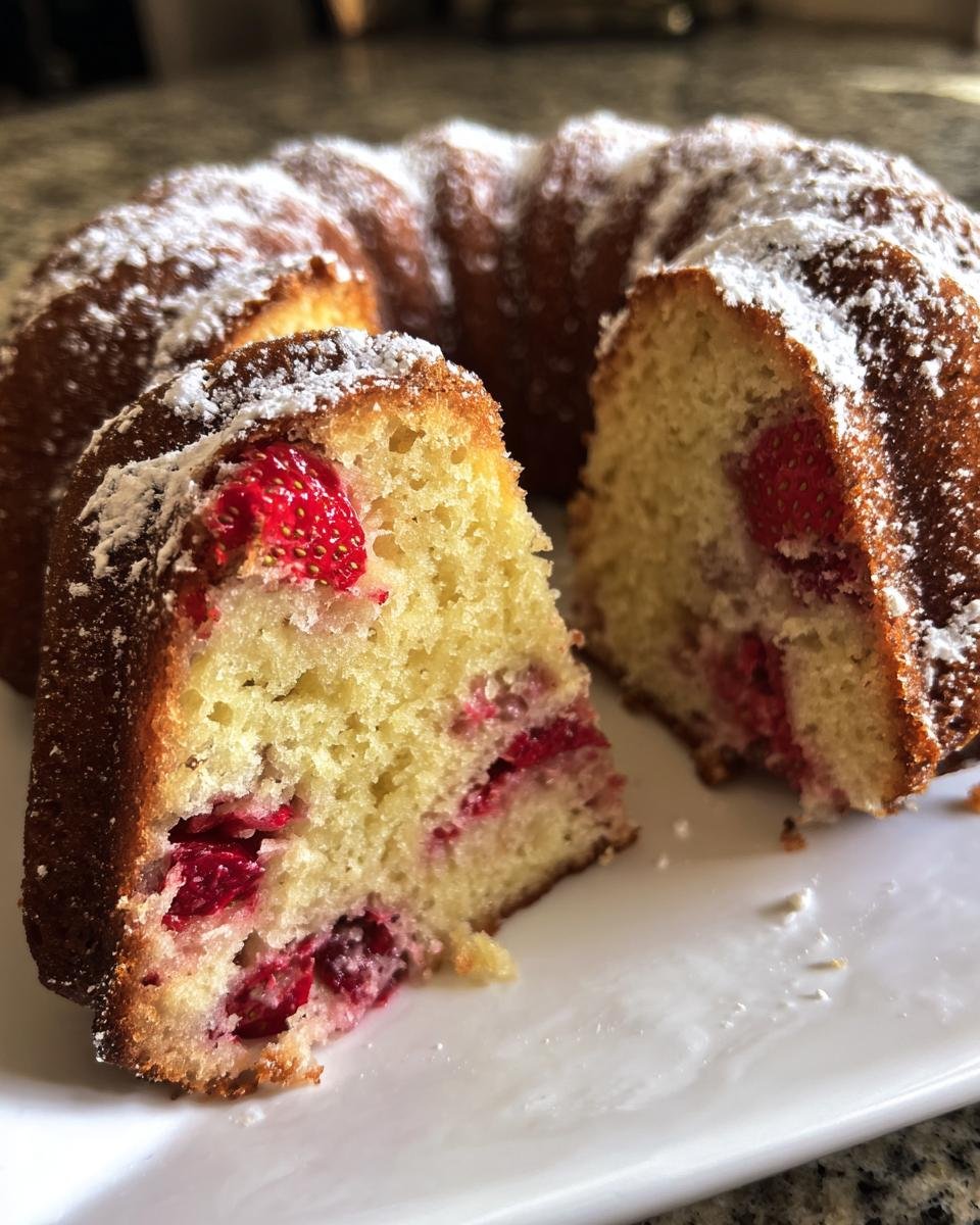 Close-up of a slice cut from a Strawberry Shortcake Bundt Cake, showing moist yellow cake studded with bright red strawberries and dusted with powdered sugar.