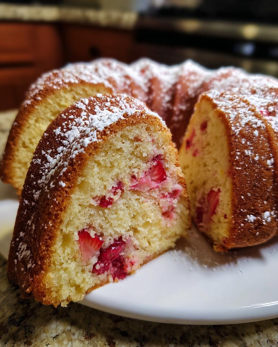 A slice cut from a Strawberry Shortcake Bundt Cake, showing moist cake studded with fresh strawberries and dusted with powdered sugar.