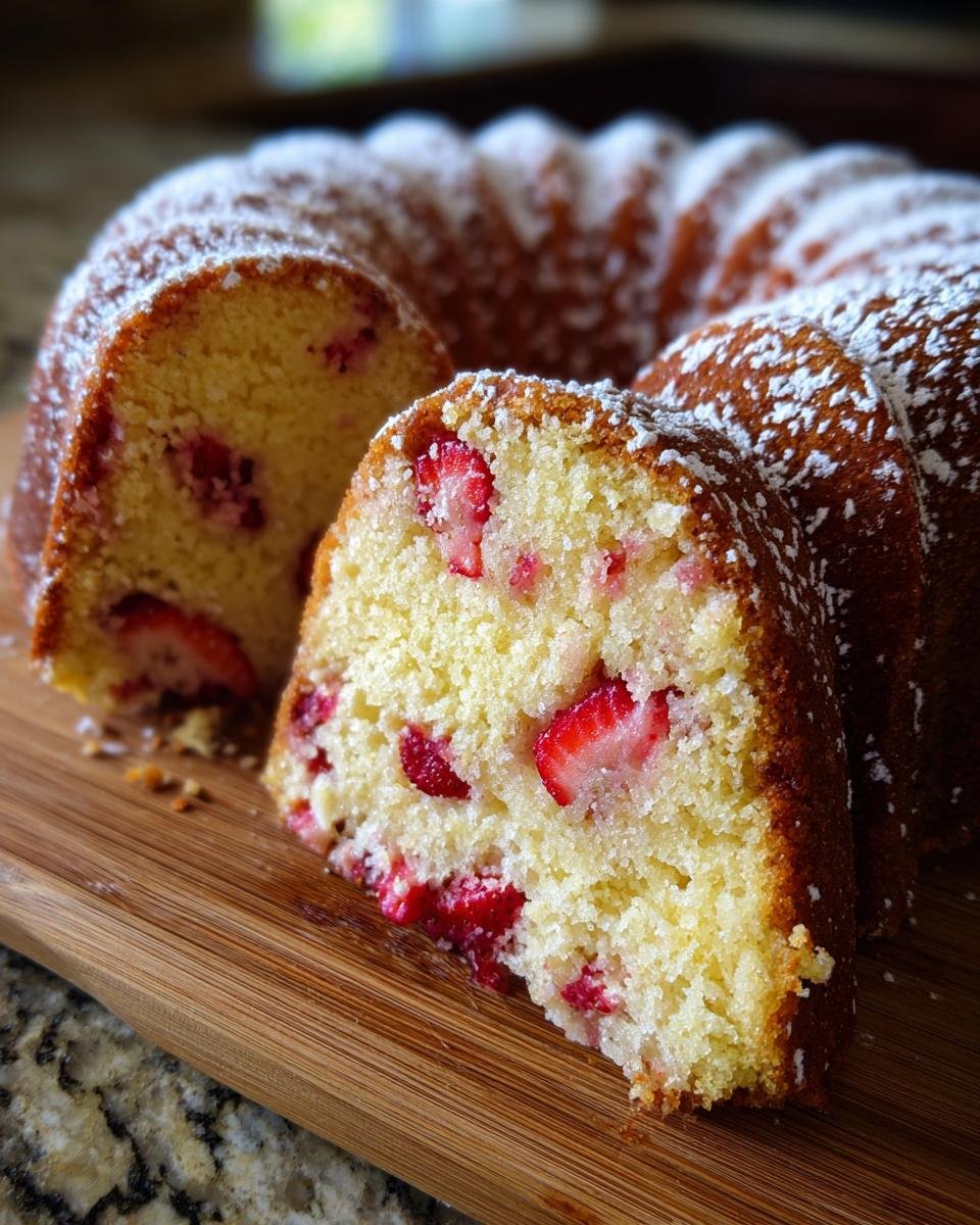 Close-up of a slice cut from a Strawberry Shortcake Bundt Cake, showing moist yellow cake studded with fresh strawberries.