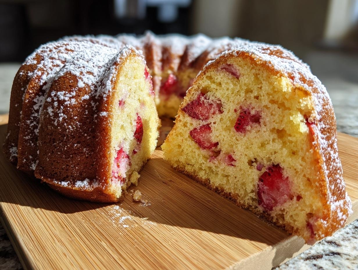 A slice cut from a Strawberry Shortcake Bundt Cake, showing fresh strawberries baked inside, dusted with powdered sugar.