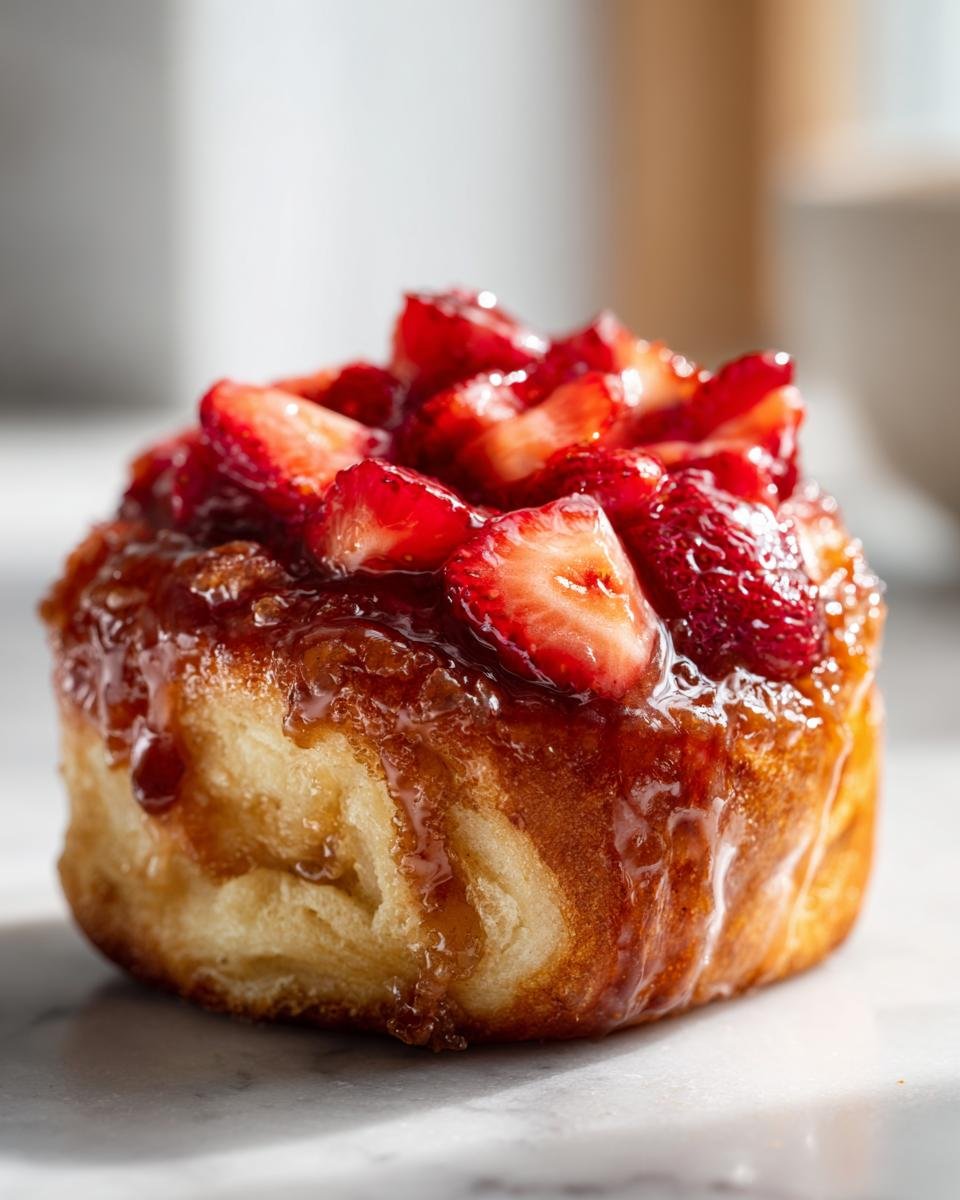 A close-up of one freshly baked Strawberry Shortcake Cinnamon Roll topped with glazed, sliced strawberries.