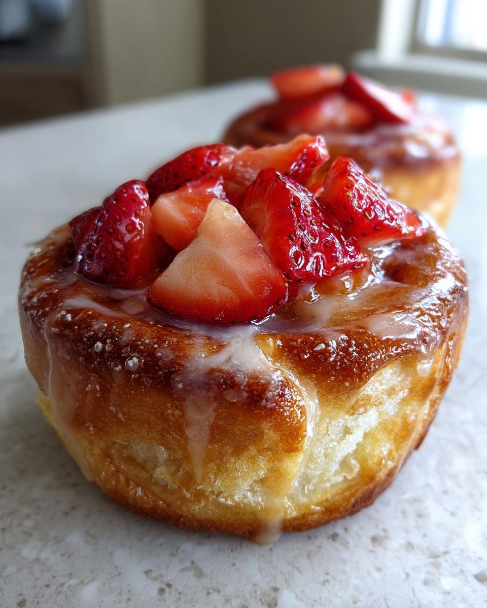A close-up of a golden-brown Strawberry Shortcake Cinnamon Roll topped with fresh sliced strawberries and white glaze.
