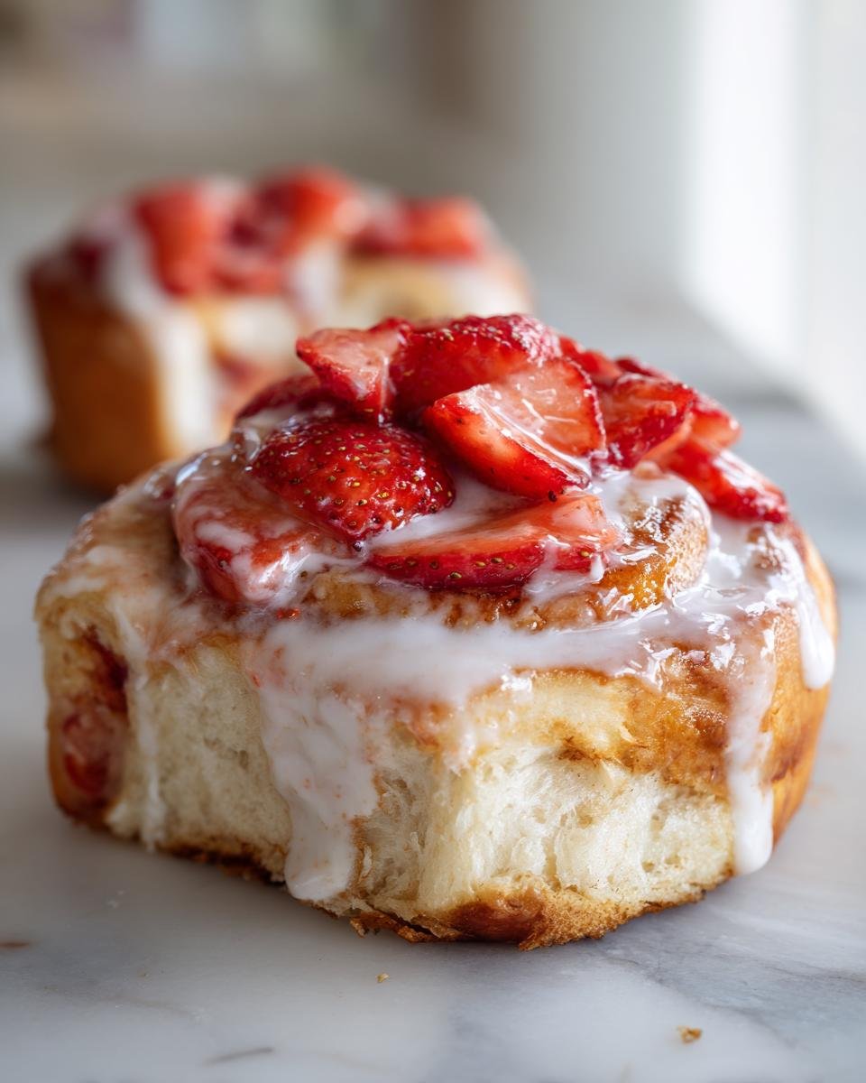 A close-up of a soft, fluffy Strawberry Shortcake Cinnamon Roll topped with white glaze and fresh sliced strawberries.