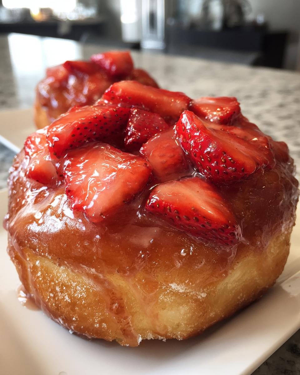 A close-up of a glazed, golden-brown Strawberry Shortcake Cinnamon Roll topped generously with glossy, sliced strawberries.