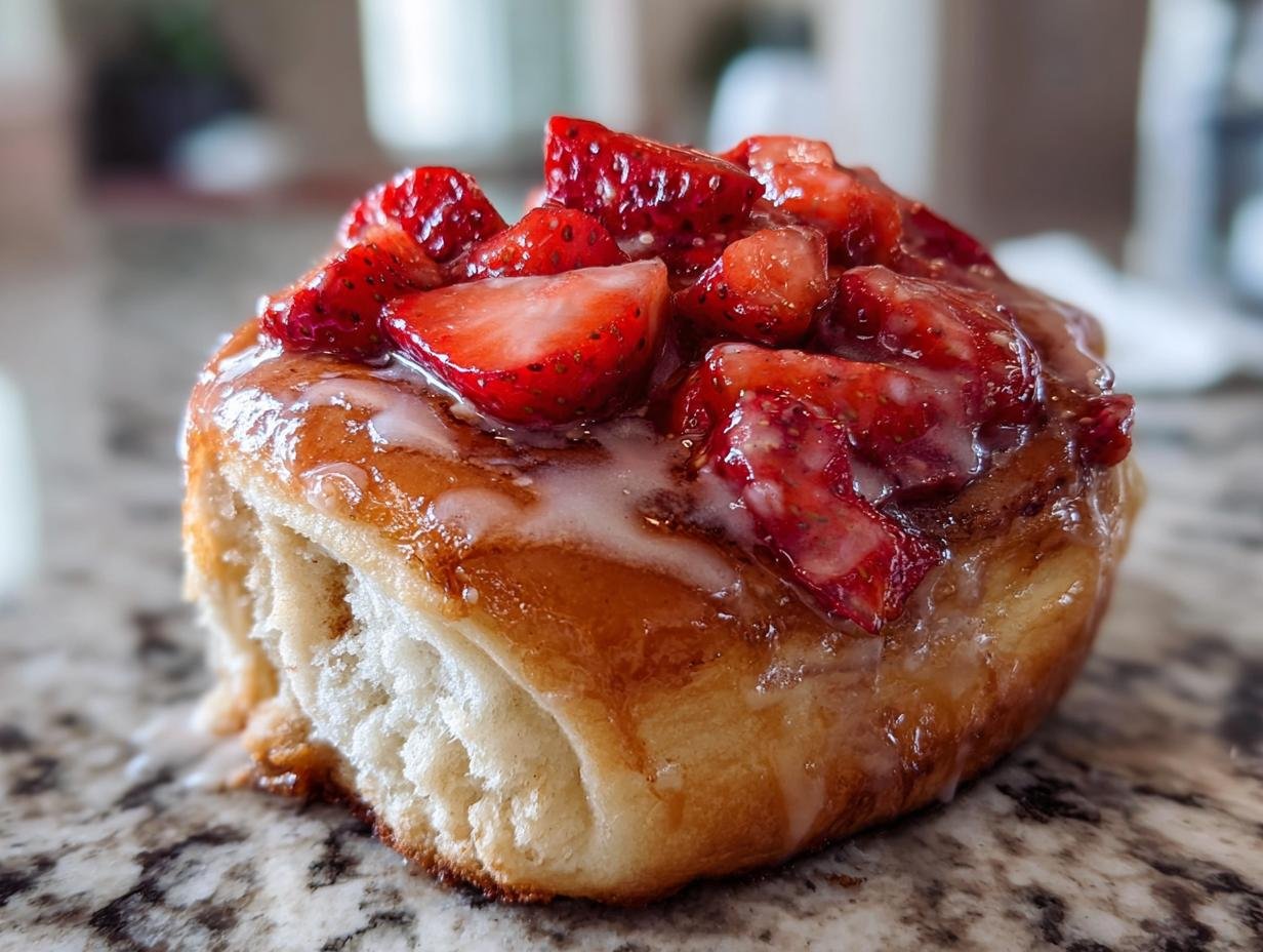 A close-up of a single, glazed Strawberry Shortcake Cinnamon Roll topped generously with fresh, sliced strawberries.