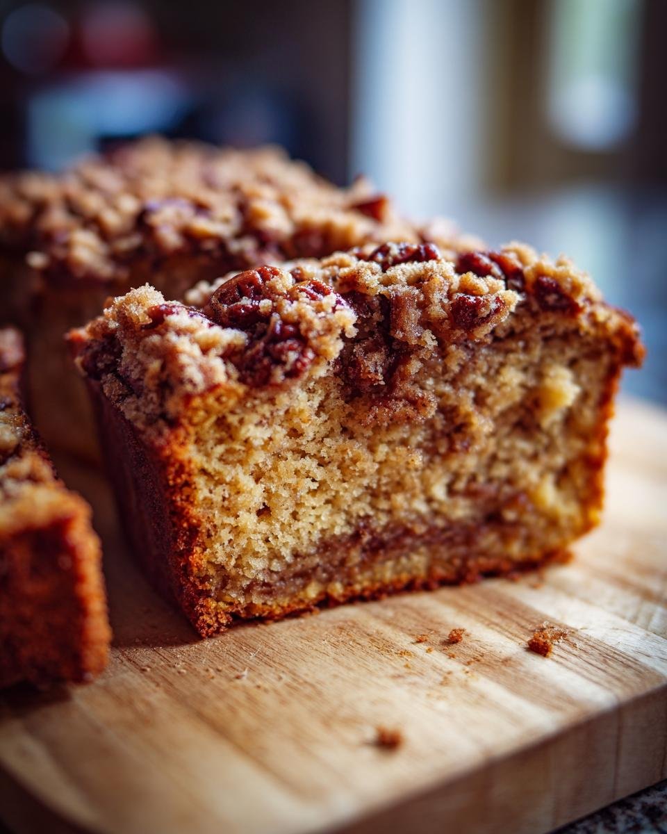 Close-up of a moist slice of Sweet Potato Pecan Coffee Cake with a crumb topping and pecans.