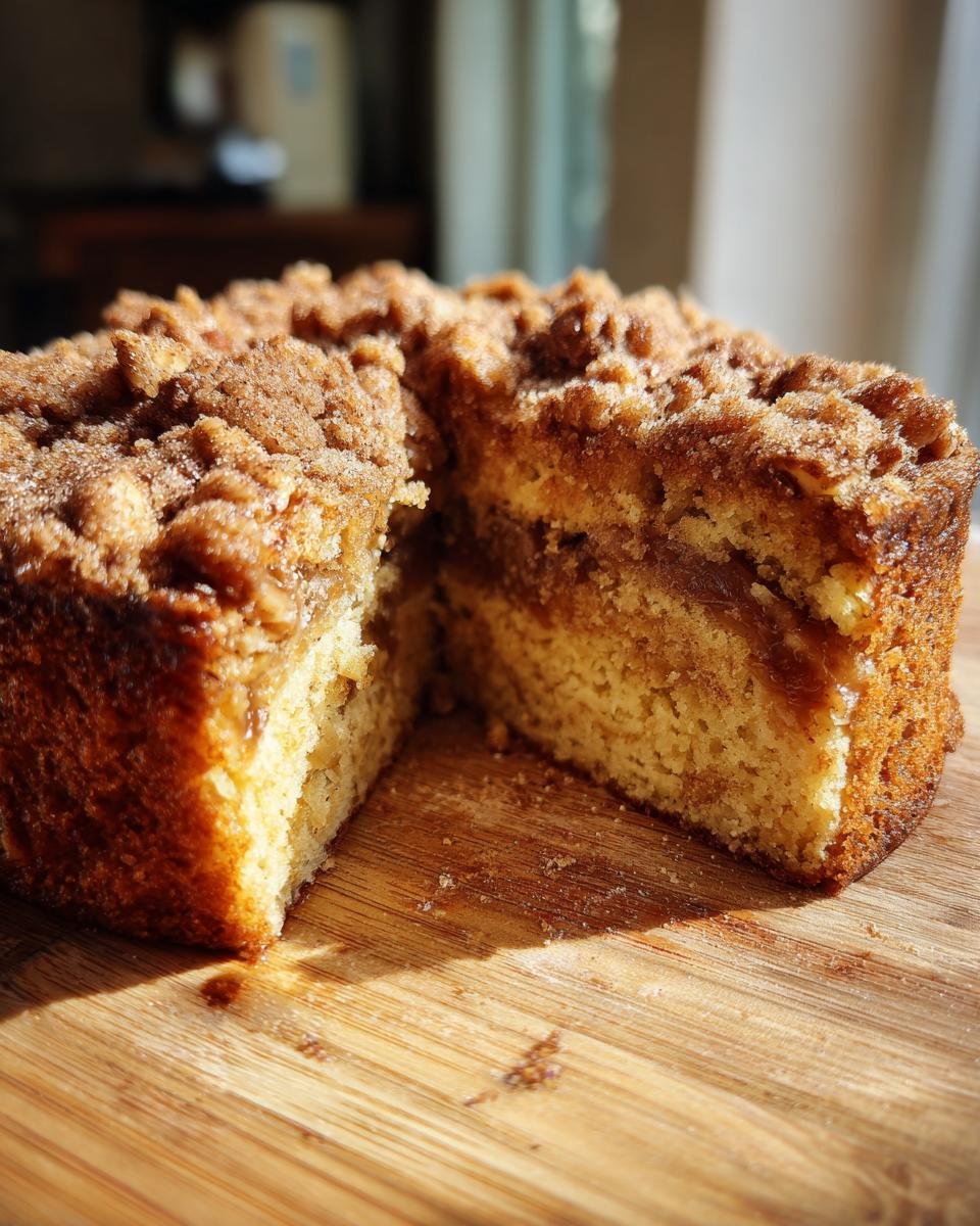 A slice of Sweet Potato Pecan Coffee Cake with a crumb topping on a wooden board.