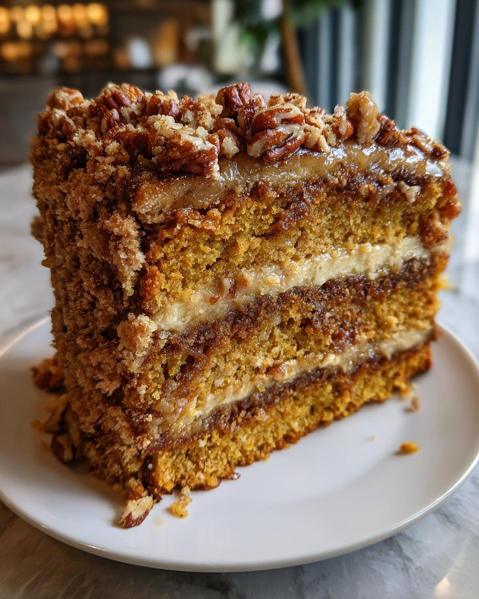 A delicious slice of Sweet Potato Pecan Coffee Cake with layers of cake, frosting, and a pecan streusel topping.