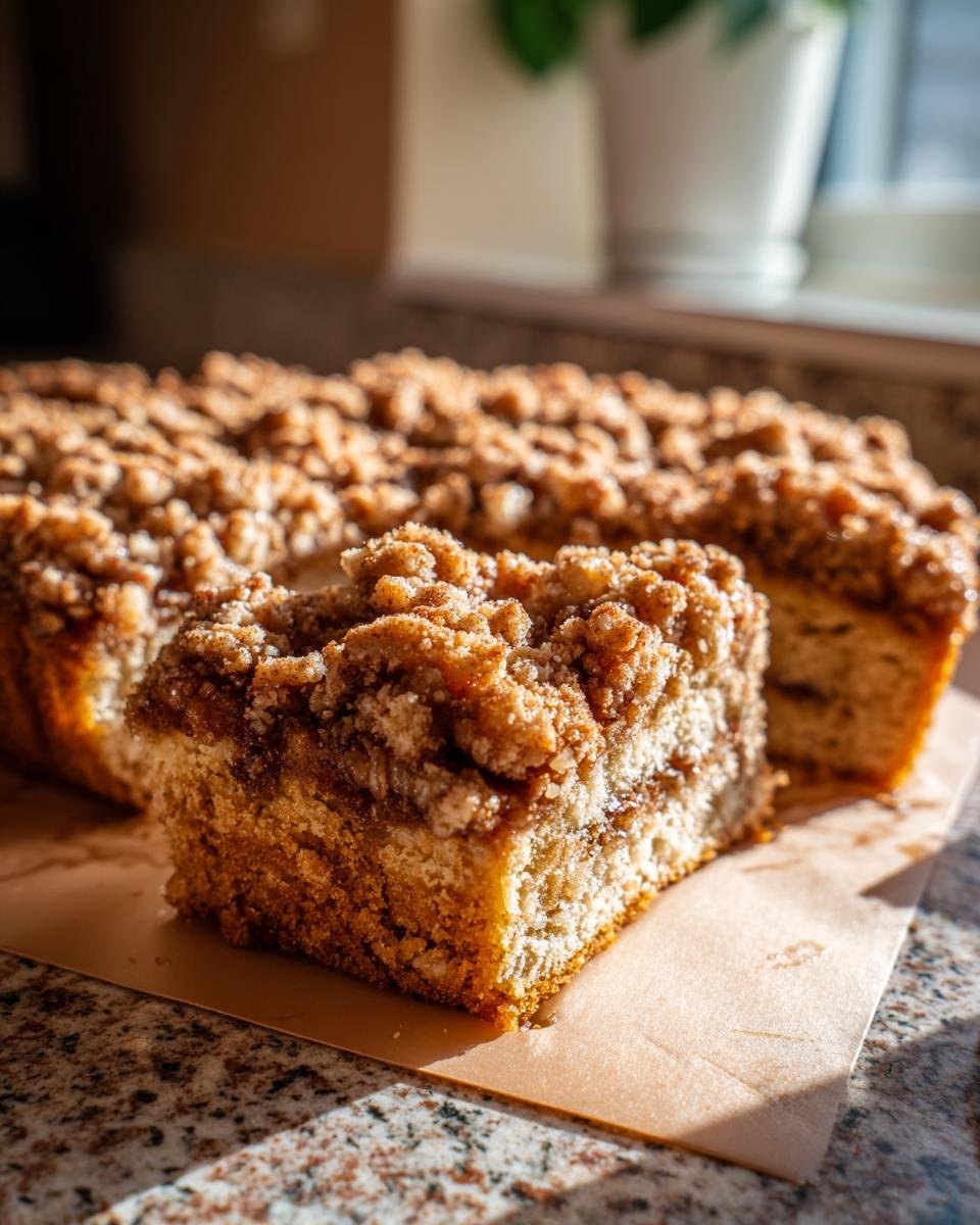 A slice of moist Sweet Potato Pecan Coffee Cake with a crumb topping, ready to be enjoyed.