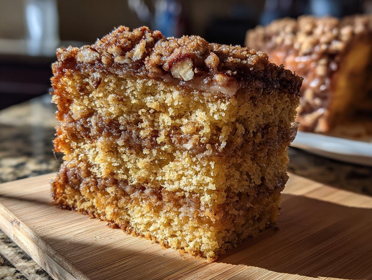A moist slice of Sweet Potato Pecan Coffee Cake with a streusel topping on a wooden board.