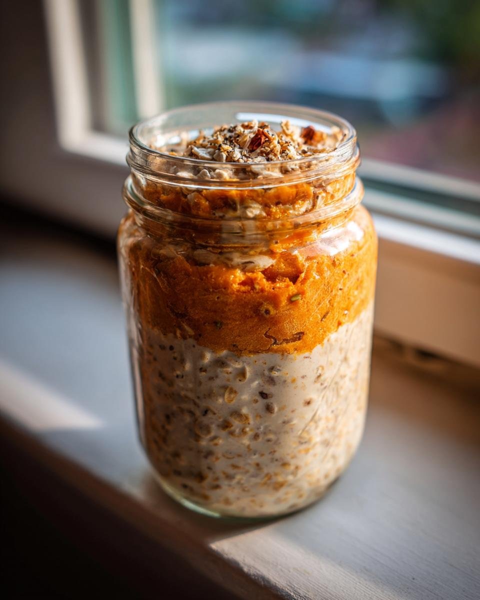A glass jar filled with layered Sweet Potato Pie Overnight Oats, topped with seeds and oats.