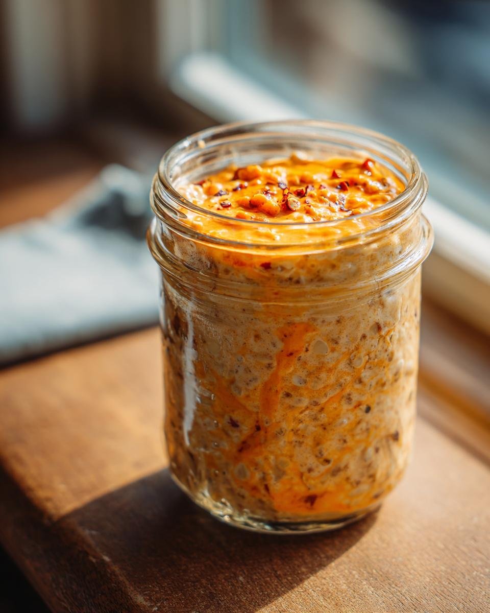 Close-up of Sweet Potato Pie Overnight Oats in a glass jar, topped with orange swirl and spices.