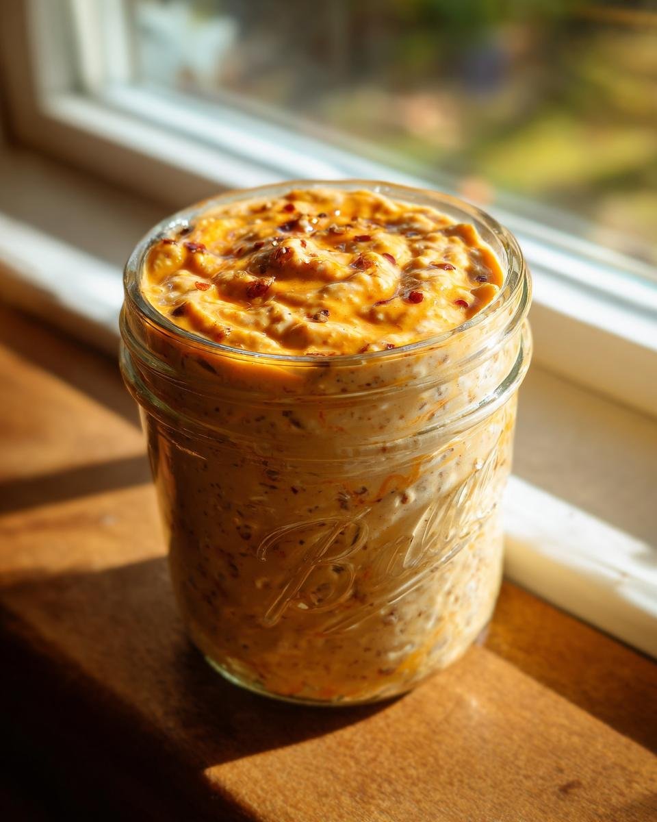 A jar of creamy Sweet Potato Pie Overnight Oats topped with spices, sitting by a sunny window.