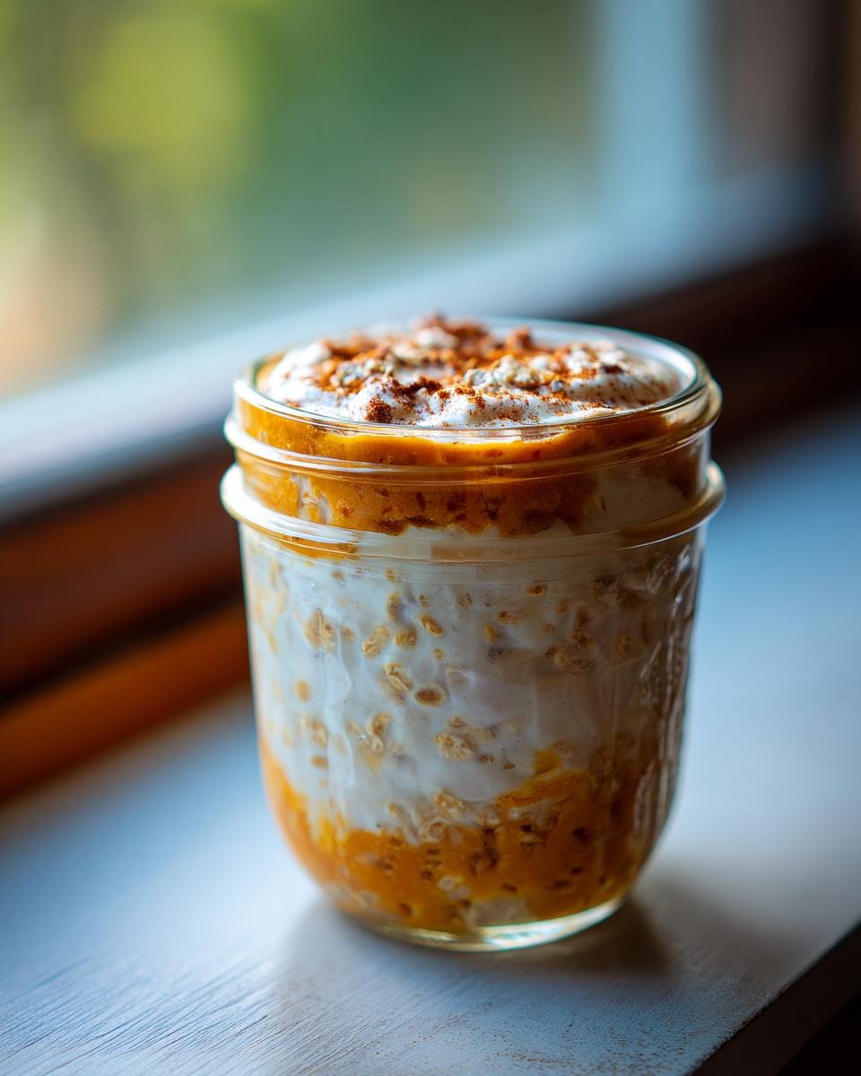 A glass jar filled with layered Sweet Potato Pie Overnight Oats, topped with cream and cinnamon.