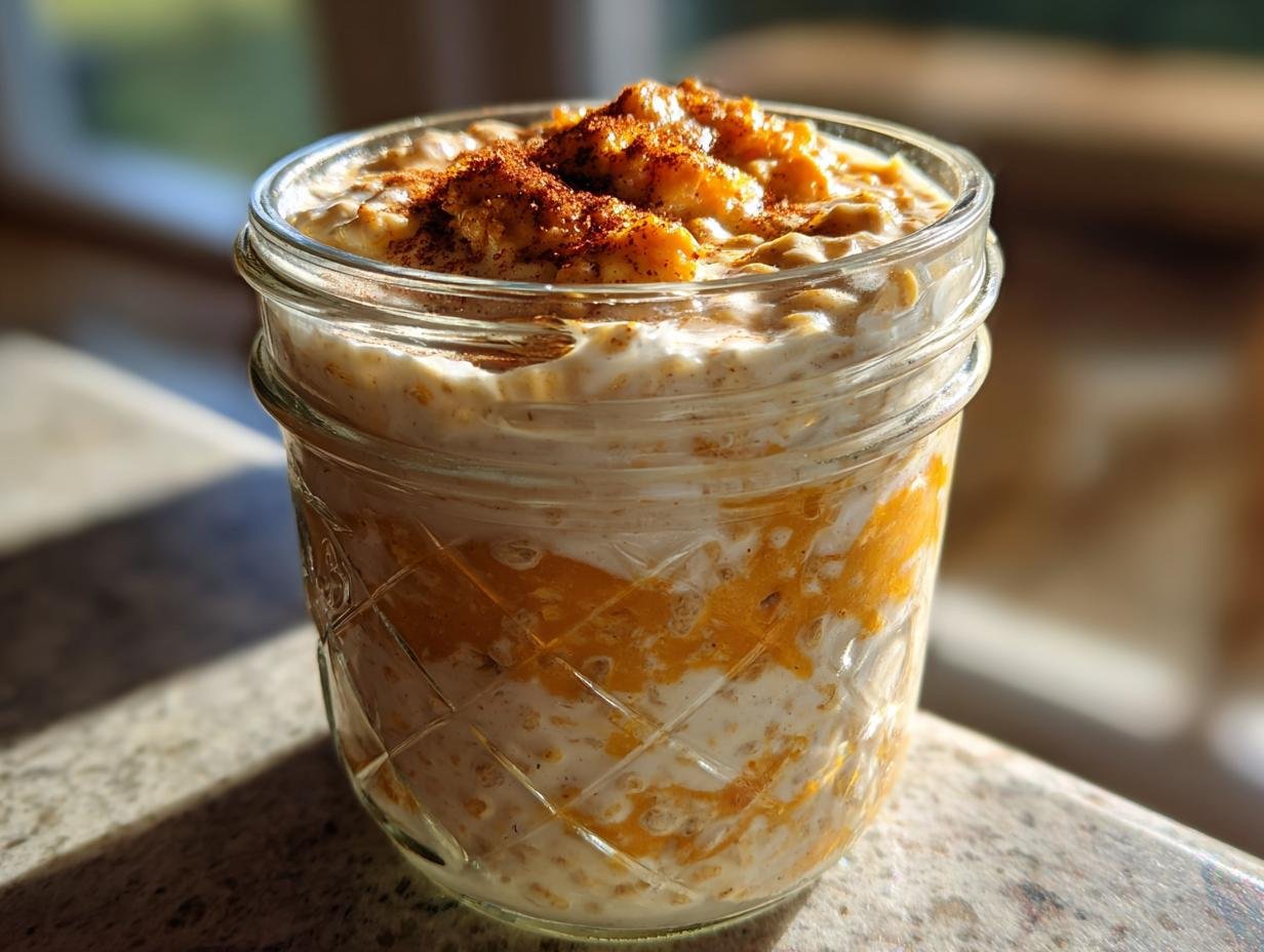 A glass mason jar filled with layered Sweet Potato Pie Overnight Oats, topped with cinnamon.
