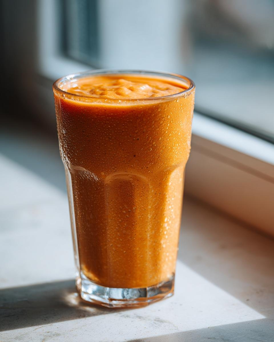 A tall, condensation-covered glass filled with a thick, orange Sweet Potato Pie Smoothie, sitting by a window.
