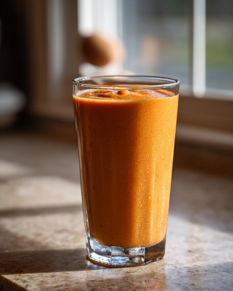 A tall glass filled with a thick, vibrant orange Sweet Potato Pie Smoothie sitting on a counter near a window.