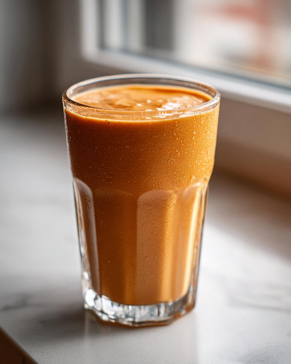 A tall glass filled with a thick, orange Sweet Potato Pie Smoothie sitting on a white counter.