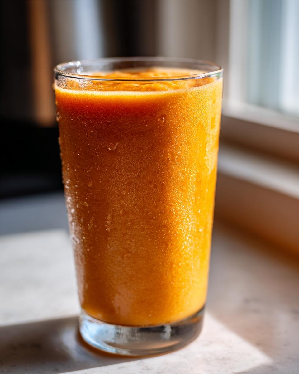 Close-up of a tall, chilled glass filled with a vibrant orange Sweet Potato Pie Smoothie, showing condensation on the exterior.