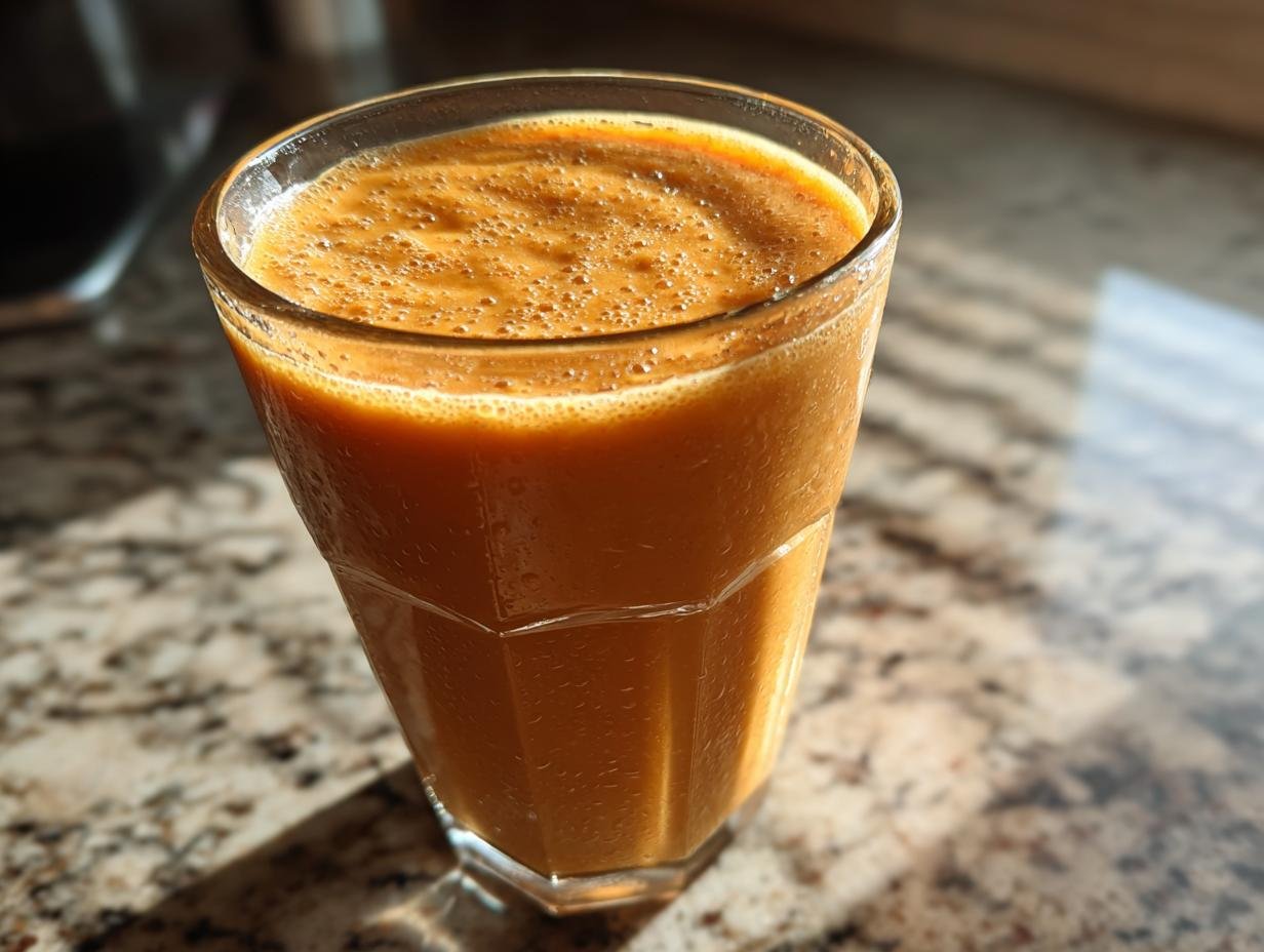 A vibrant, orange Sweet Potato Pie Smoothie in a clear glass, resting on a speckled countertop in sunlight.
