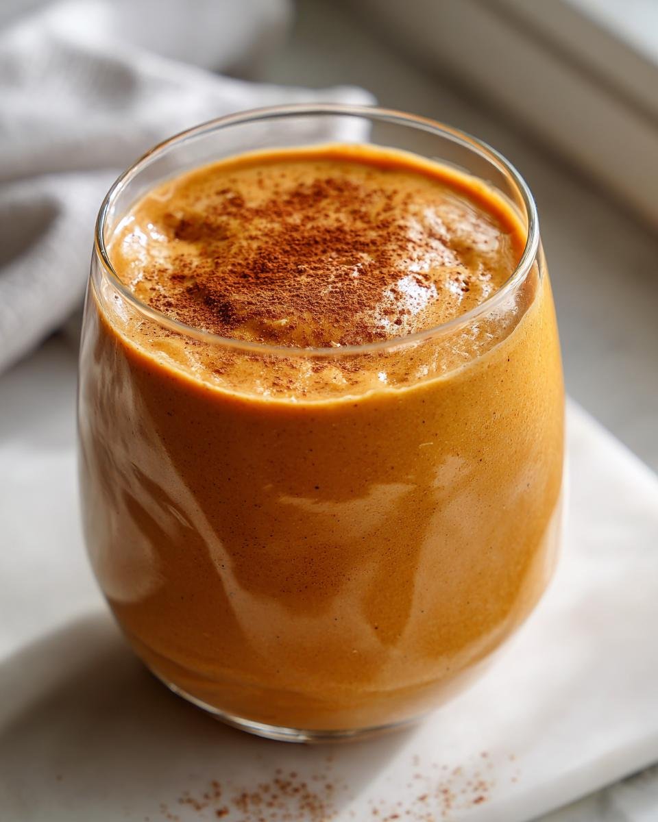 A vibrant orange Sweet Potato Protein Smoothie in a glass, topped with cinnamon.