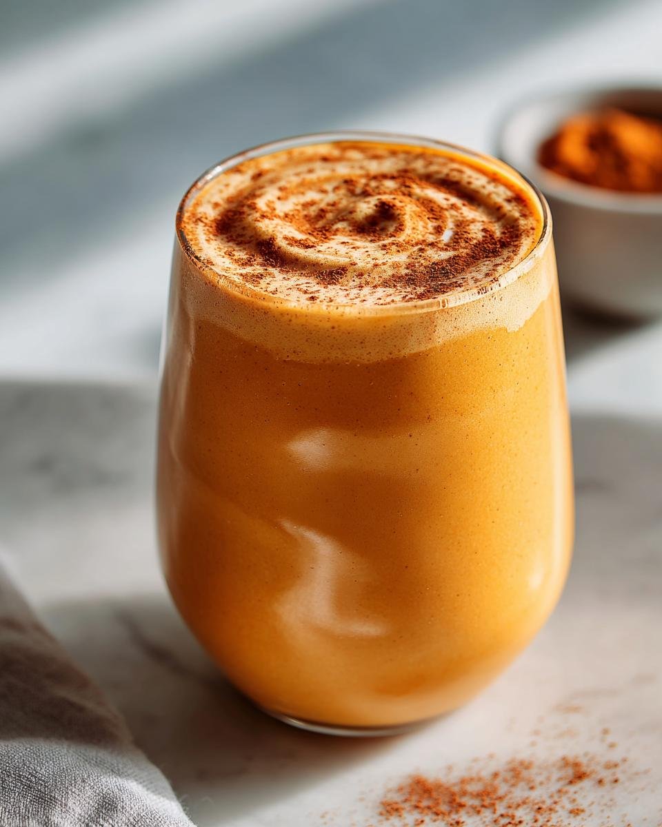 Close-up of a vibrant orange Sweet Potato Protein Smoothie topped with a cinnamon swirl and dusting.