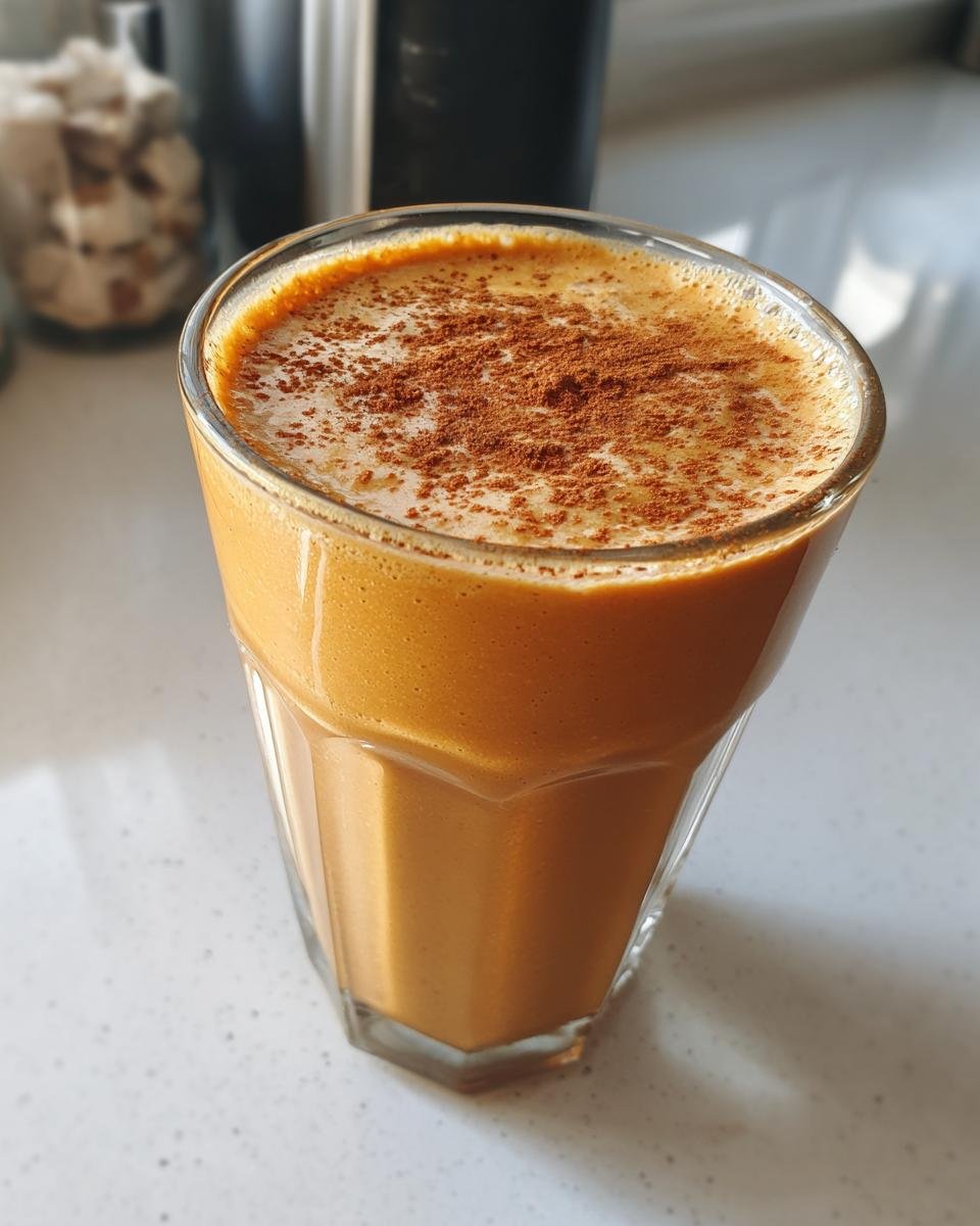 A close-up of a vibrant orange Sweet Potato Protein Smoothie topped with cinnamon.