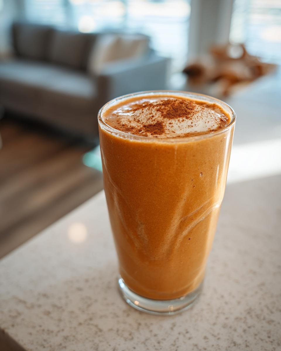 A tall glass filled with a vibrant orange Sweet Potato Protein Smoothie, topped with whipped cream and a sprinkle of cinnamon.