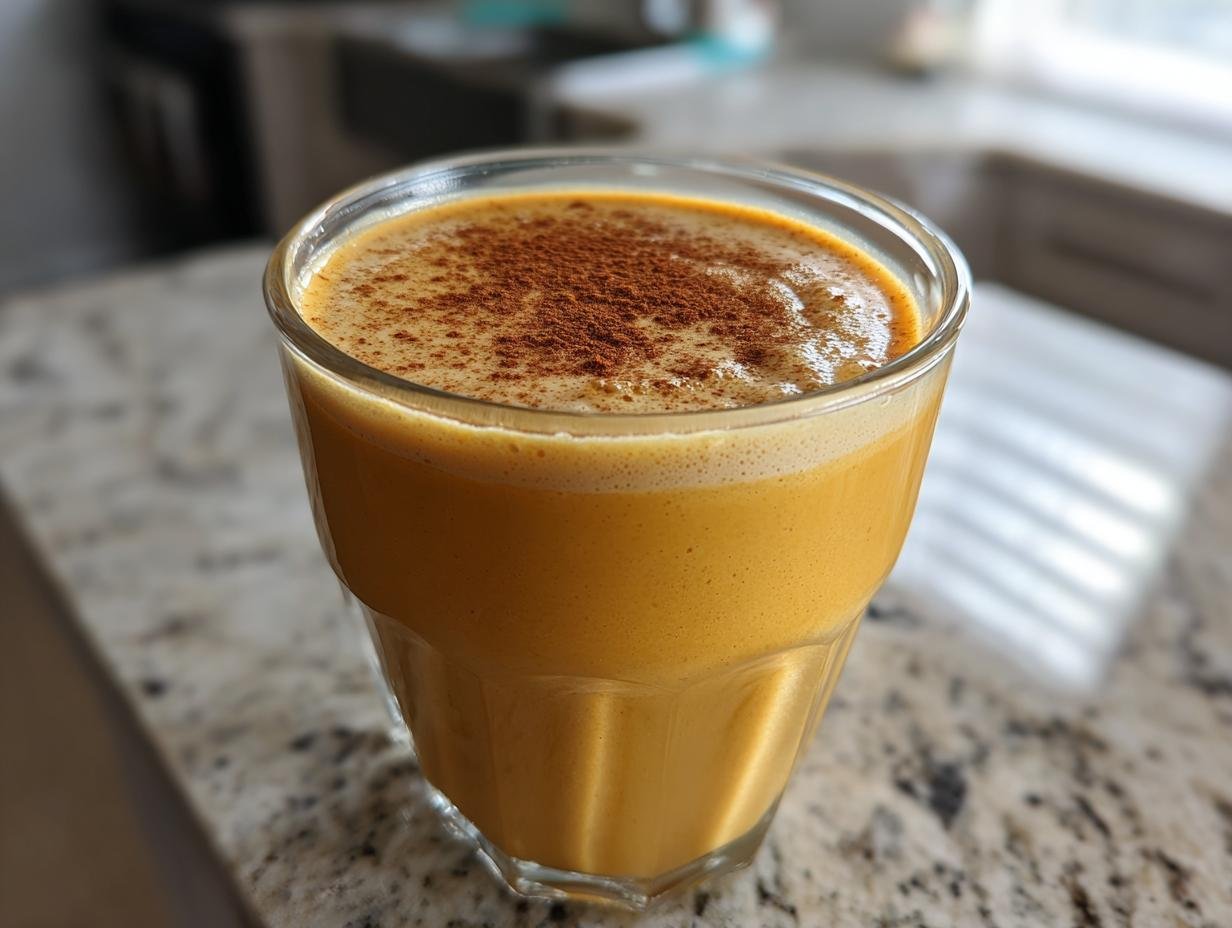 A close-up of a vibrant orange Sweet Potato Protein Smoothie topped with cinnamon.