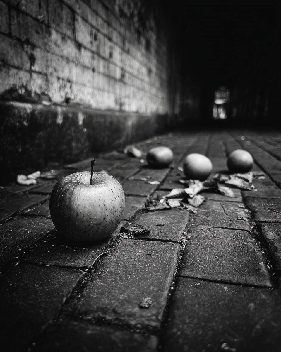 A single apple rests on a cobblestone path, with other apples and fallen leaves in the background, evoking the essence of Taylor Precedent.