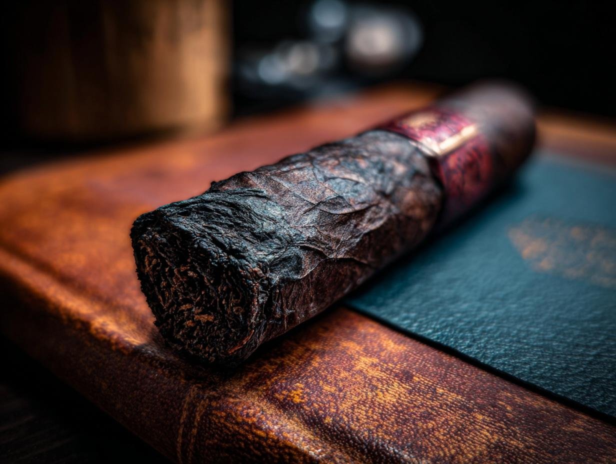 A close-up of a dark, textured cigar resting on a leather-bound book, symbolizing the weight of Taylor Precedent.