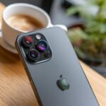 Close-up of a dark gray iPhone camera array and Apple logo, with a cup of coffee blurred in the background.