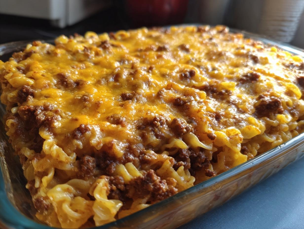 Close-up of a baked Thats How We Casserole in a glass dish, topped with melted cheddar cheese and seasoned ground beef.
