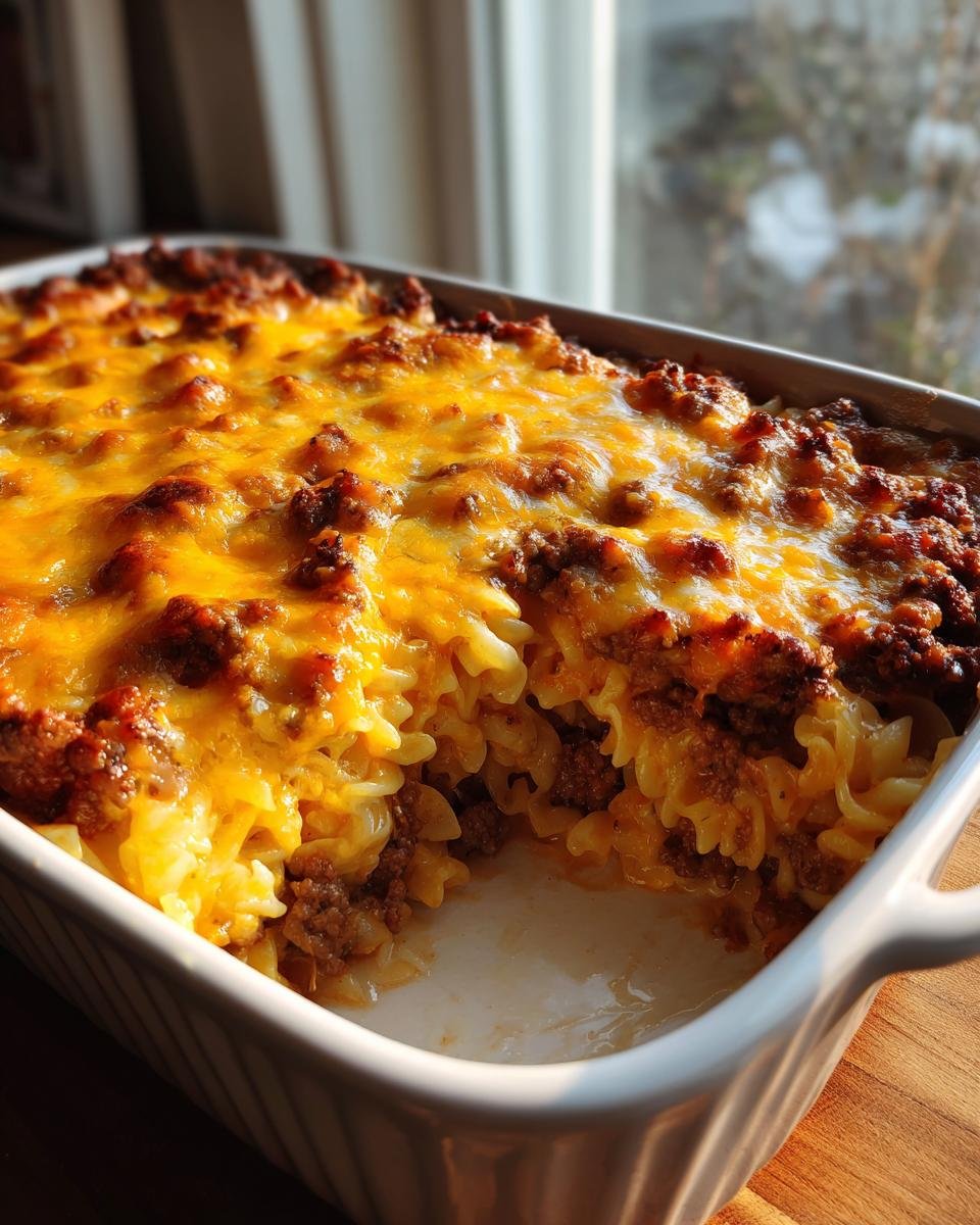 A close-up of Thats How We Casserole, featuring rotini pasta, seasoned ground beef, and melted cheddar cheese in a white baking dish.