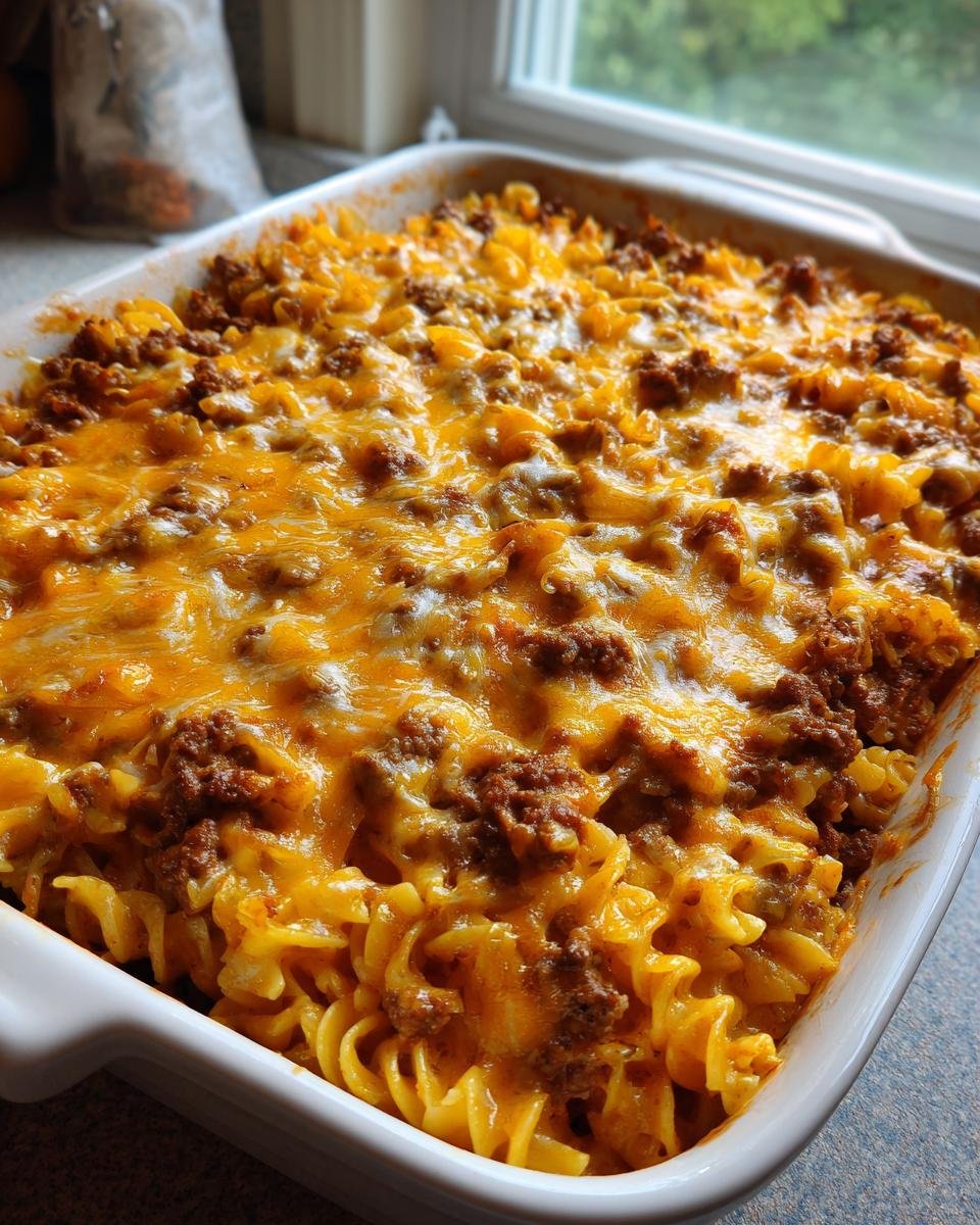 A freshly baked Thats How We Casserole in a white baking dish, topped with melted cheddar cheese and seasoned ground beef.