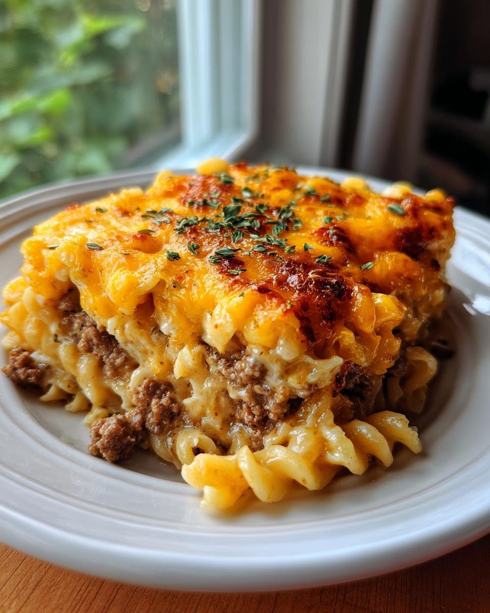 A serving of Thats How We Casserole featuring pasta, seasoned ground beef, and melted cheese, topped with herbs.
