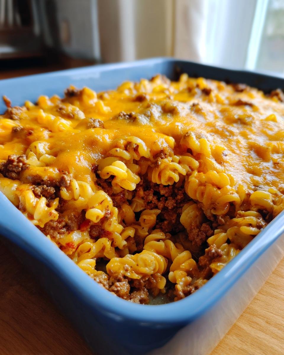 A close-up view of a blue casserole dish filled with Thats How We Casserole, featuring fusilli pasta and ground beef topped with melted cheddar cheese.