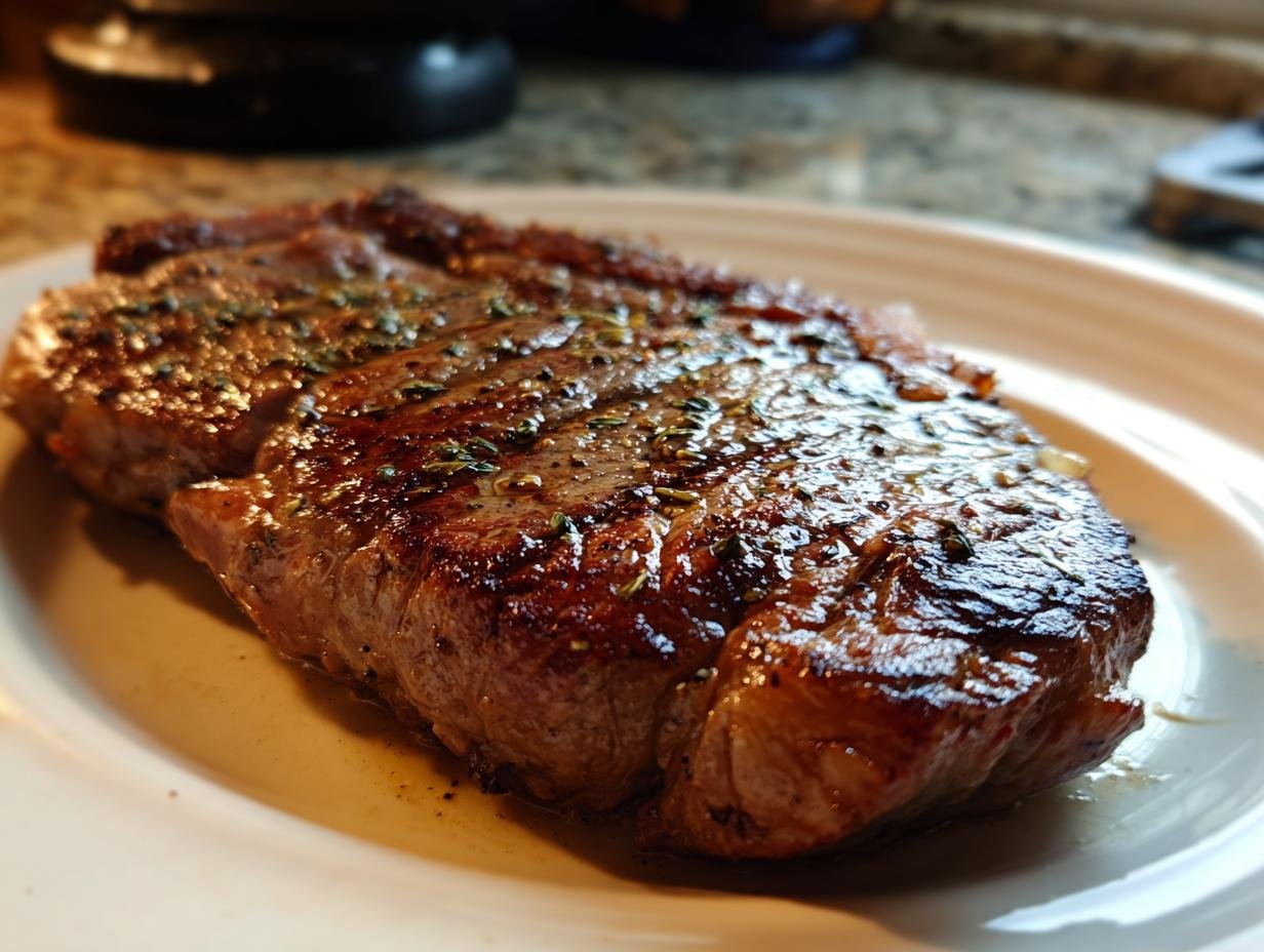 A juicy, perfectly cooked steak seasoned with herbs, presented on a white plate, showcasing the results of The Professor method.