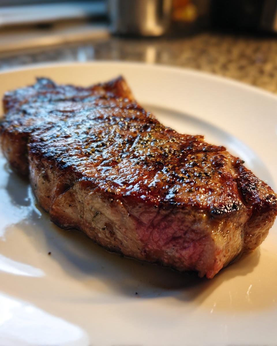 A perfectly cooked steak, seasoned and seared, served on a white plate. This is The Professor's foolproof 20-minute steak.