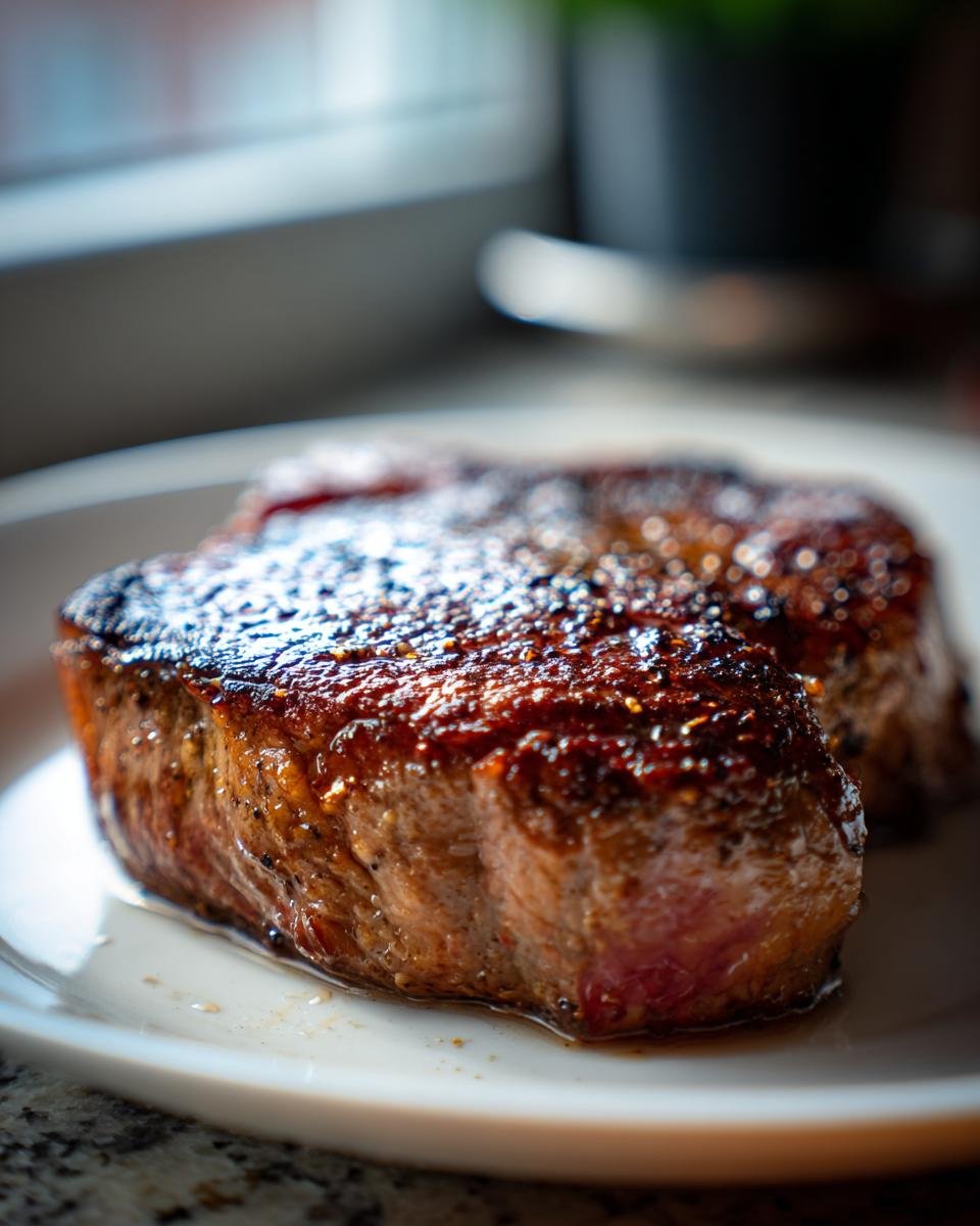 Close-up of two juicy, perfectly cooked steaks on a white plate, seasoned with pepper.