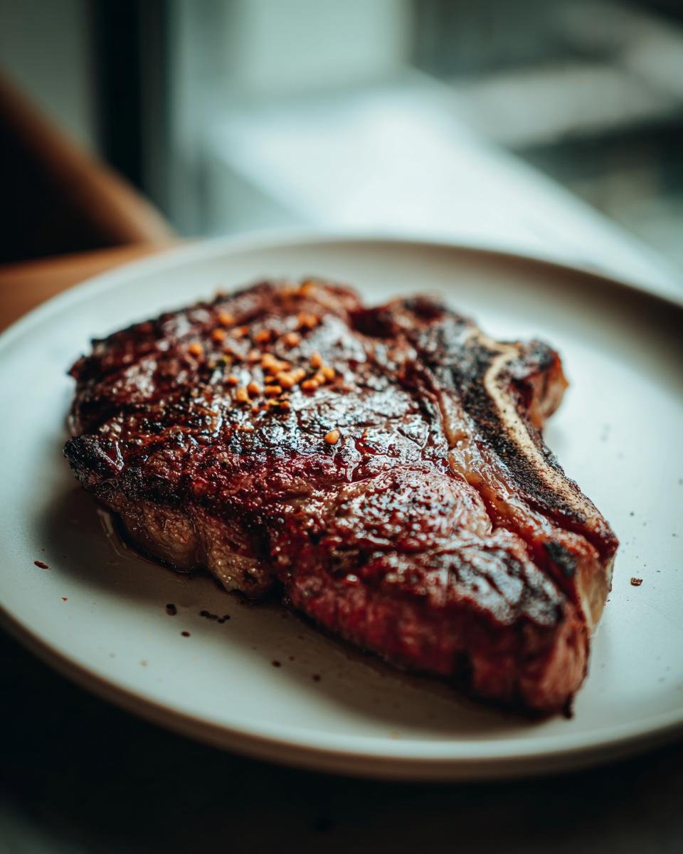 A perfectly cooked steak, seasoned and presented on a white plate, showcasing its juicy interior and seared crust.