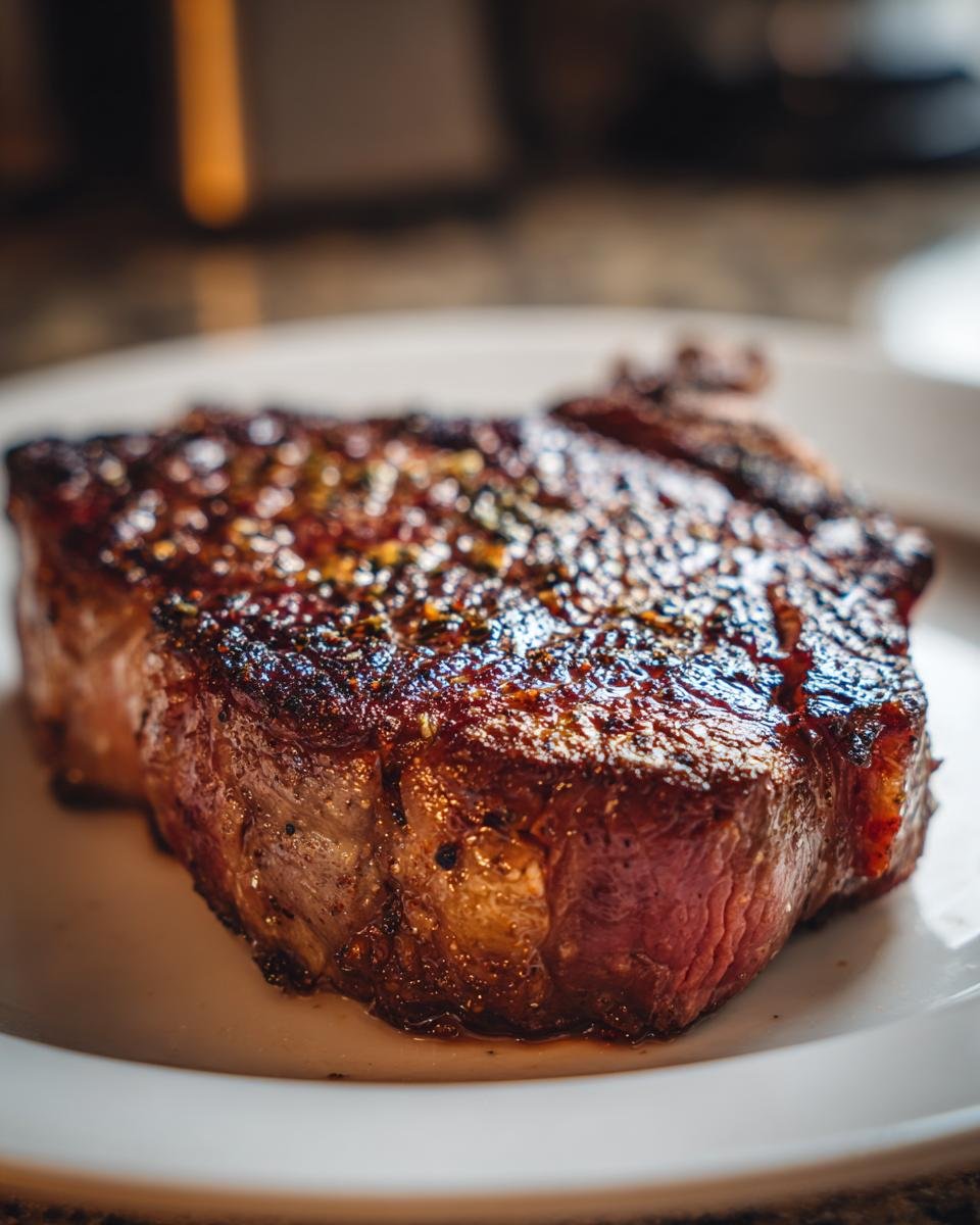 A perfectly cooked steak, seasoned and seared, presented on a white plate. This is The Professor steak.