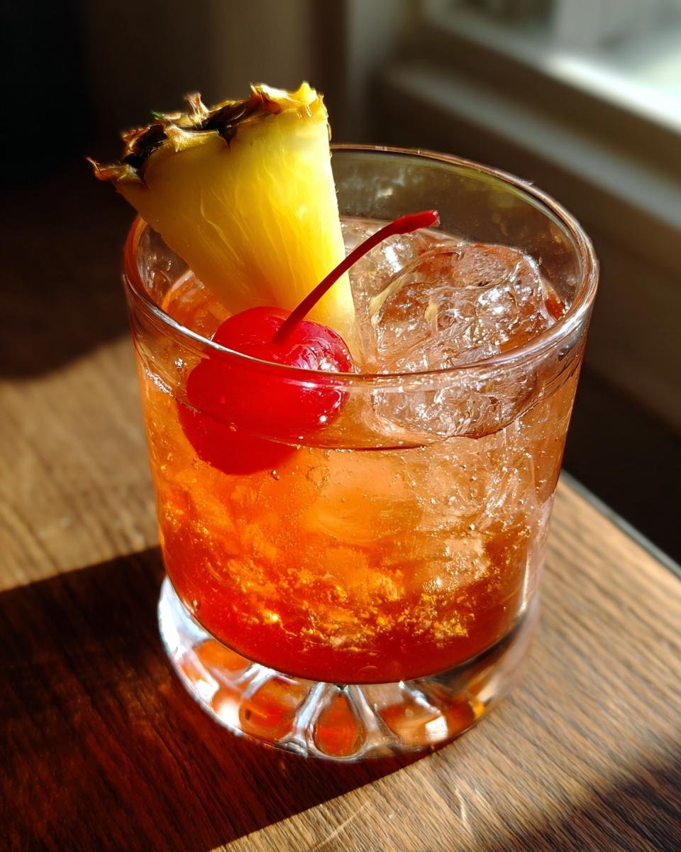 A close-up of a Tia Mia cocktail in a glass, garnished with a pineapple wedge and a maraschino cherry, filled with ice.